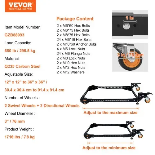 VEVOR Mobiler Unterbau, Tragkraft 650 lbs, einstellbar von 12 x 12 Zoll bis 36 x 36 Zoll, robuster universeller mobiler Unterbau mit Schwenkrädern, für Holzbearbeitungsgeräte, Bandsägen, Elektrowerkzeuge, Maschinen – Bild 6