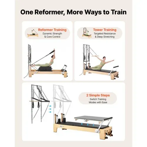 VEVOR Pilates Reformer mit Half Tower 2400 x 735 x 1990 mm aus Ahornholz Ideal für Heimgebrauch & Fitnessstudio, bis 181 kg Belastbar, mit Jumpboard, Federn, Pilates-Box und Verstellbarer Kopfstütze – Bild 3