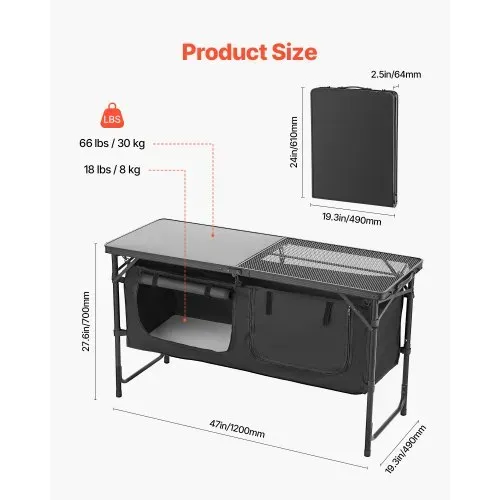 VEVOR Camping Küchentisch klappbarer Kochtisch Outdoor, 3-fach höhenverstellbar, tragbare Kochstation aus Aluminium mit Organizer & Tragegriff, für Grillpartys Picknicks Wohnmobilreisen Schwarz – Bild 5