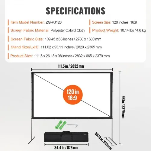 VEVOR Projektion Beamer Leinwand mit Ständer 304,8 cm HD 4K Outdoor Indoor Projektor Screen Schnelles Klappbare Tragbare Filmleinwand 16: 9 für Heimkino, Camping, Freizeitveranstaltungen usw. Schwarz – Bild 6