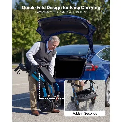 VEVOR 2-in-1 Rollator Faltbar mit Sitz, Leichter Gehwagen mit Reifen, Gehhilfe bis 136 kg mit Rückenlehne Tasche Gehstockhalter, Höhenverstellbare Laufhilfe mit Feststellfunktion für Senioren, Blau – Bild 3