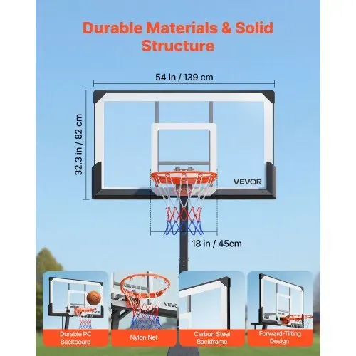VEVOR tragbarer Basketballständer, 2,3-3,05 m höhenverstellbarer (manuell) Basketballkorb, Basketballanlage mit 139 cm PC-Rückwand, Basketballkorsystem Backboard-Set für Terrassen Schulen – Bild 3