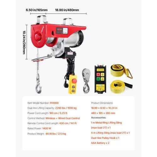 VEVOR Elektrische Seilwinde, 1000 kg, Motorwinde mit 100 m kabelloser und 4,2 m kabelgebundener Fernbedienung, 12 m Hubhöhe mit Einzelkabel, Einzel-/Doppelschlingen, Hebezeug für Garage, Lager, Fabrik – Bild 6
