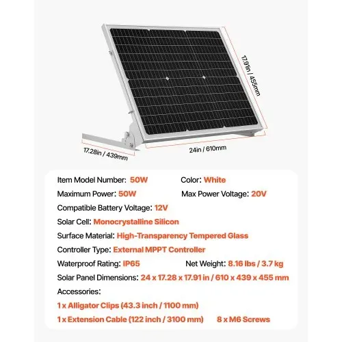 VEVOR 12V Monokristallines Solarpanel-Kit 50W, Batterieladegerät mit verbessertem MPPT-Controller & verstellbarer Halterung, IP65 wasserdicht für Auto, Boot, Wohnmobil, Anhänger, Hausdach – Bild 6