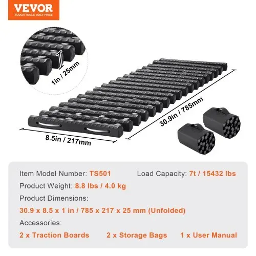 VEVOR 7 TONNEN Traktionsbretter mit TPR-Material, Bergungsbretter für Geländefahrzeuge/Autos/Pickups/SUVs/Wohnmobile, Paar Reifen-Traktionsmatten auf Schnee, Sand, Schlamm und losem Untergrund, Aufbewahrungstaschen, kurz, schwarz – Bild 6
