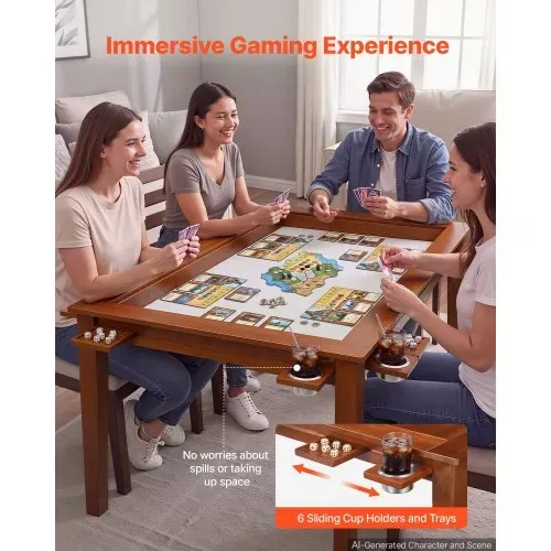 VEVOR Brettspieltisch 160x100x76cm 2-in-1 Spiel- & Esstisch 200kg Belastbar, Geräumig für 6 Spieler, Massivholz, mit Abnehmbaren Tischplatten Getränkehaltern Leder-Spielmatte & Ausziehbaren Tabletts – Bild 2