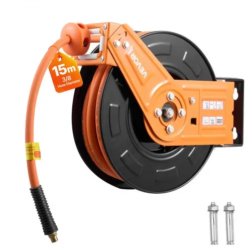 VEVOR Druckluftschlauchtrommel, φ9,5 mm x 15 m Gummischlauch, Schlauchaufroller max. 20 bar, Automatischer Aufrollmechanismus mit 1 m Zuleitung, 180° Schwenkbare Decken-/Wandhalterung VEVOR Druckluftschlauchtrommel, φ9,5 mm x 15 m Gummischlauch, Schlauchaufroller max. 20 bar, Automatischer Aufrollmechanismus mit 1 m Zuleitung, 180° Schwenkbare Decken-/Wandhalterung