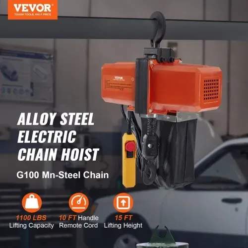 VEVOR Elektrischer Kettenzug, 1100 lbs Tragkraft, 15 ft Hubhöhe, 9,2 ft/min Geschwindigkeit, 230 V, einphasiger Brückenkran mit G100-Kette, 10 ft Kabelfernbedienung für Garage, Geschäft, Hotel, Zuhause VEVOR Elektrischer Kettenzug, 1100 lbs Tragkraft, 15 ft Hubhöhe, 9,2 ft/min Geschwindigkeit, 230 V, einphasiger Brückenkran mit G100-Kette, 10 ft Kabelfernbedienung für Garage, Geschäft, Hotel, Zuhause
