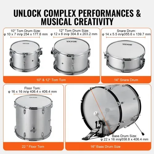 VEVOR Schlagzeug, 5-teilig, Drum in voller Größe mit Bass-/Tom-Drums, Snare, Standtrommel, verstellbaren Thronständern, Becken, Hi-Hat-Pedal und Drumsticks, Anfänger-Schlagzeug, Silber – Bild 2
