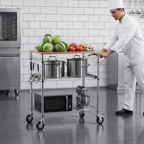 VEVOR Küchenwagen mit 3 Ebenen, Schwerlast-Servierwagen bis 300 kg, Rollwagen mit Höhenverstellbaren Drahtablagen, Griff & Arbeitsplatte, Metallregal auf Rollen für Küche, Garage, 762 x 457 x 914 mm – Bild 7