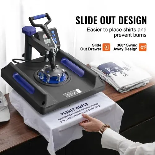 VEVOR Hitzepresse, 15 x 15 Zoll, 5-in-1-Wärmeübertragungsmaschine mit 30-oz-Tumbler-Presse, 360° wegschwenkbares digitales T-Shirt-Pressen, Teflonbeschichtung, für T-Shirts/Tassen/Hüte/Teller, Schwarz+Blau – Bild 3