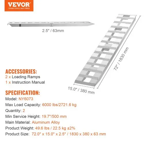 VEVOR Auffahrrampe, Verladerampe, Autorampe 2721,6 kg, breite Verladeschiene, Auto Laderampe 183 x 38 cm, 2 Stk. Rampen, für Motorrad, Anhänger, ATV, UTV, Gartentraktor, Rasenmäher, Dirtbike usw. – Bild 6