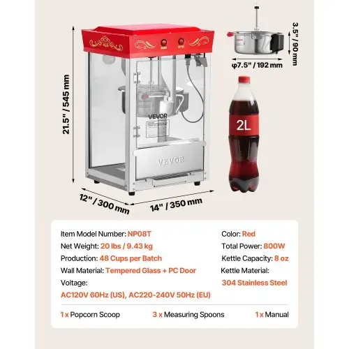 VEVOR Popcornmaschine mit Edelstahlkessel, 800 W kommerzieller Popcornmaker, 48 Tassen pro Ladung, Kinostil, mit 2-Tasten-Bedienung, Glaswand, PC-Tür, 1 Portionierer, 3 Löffel, Rot – Bild 6