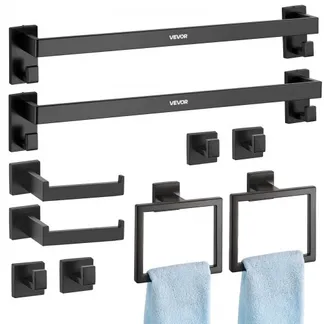 VEVOR Badezimmer Hardware Zubehör Set (10-tlg.) inkl. 2 Handtuchstangen & 2 Handtuchhalter (quadratischer Ring) & 2 4 Haken & 2 Toilettenpapierhalter, für Badezimmer, Wandmontage Mattschwarz VEVOR Badezimmer Hardware Zubehör Set (10-tlg.) inkl. 2 Handtuchstangen & 2 Handtuchhalter (quadratischer Ring) & 2 4 Haken & 2 Toilettenpapierhalter, für Badezimmer, Wandmontage Mattschwarz
