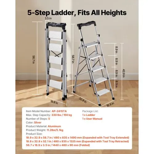 VEVOR Trittleiter 5 Stufen, Klappleiter mit Anti-Rutsch-Stufen & Komfortablem Handgriff, Haushaltsleiter Tragkraft 150 kg, Aluminium-Sicherheitsleiter für Küche, Lager, Haushalt & Büro, Silber VEVOR Trittleiter 5 Stufen, Klappleiter mit Anti-Rutsch-Stufen & Komfortablem Handgriff, Haushaltsleiter Tragkraft 150 kg, Aluminium-Sicherheitsleiter für Küche, Lager, Haushalt & Büro, Silber