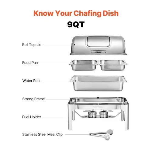 VEVOR Chafing Dish Set Speisenwärmer Edelstahl mit 2 Pfannen in halber Größe (3,9 L), rechteckiger Wärmespender mit sichtbarem Deckel & Wasserpfannenständer & Brennstoffhalter, für Partys Silber – Bild 5
