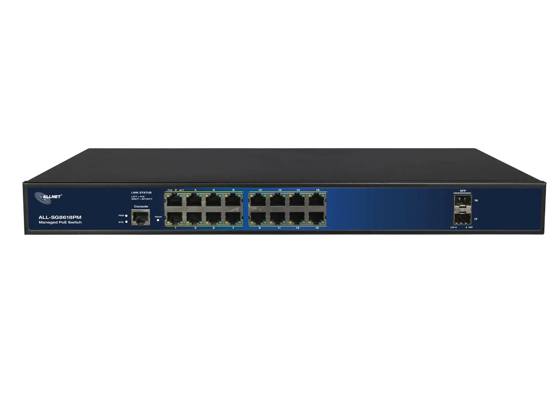 ALLNET Switch full managed Layer2+ 18 Port • 16x GbE • PoE Budget 280W • 16x PoE at • 2x SFP • 19" • Lüfterlos • JSON API • ALL-SG8618PM – Bild 3