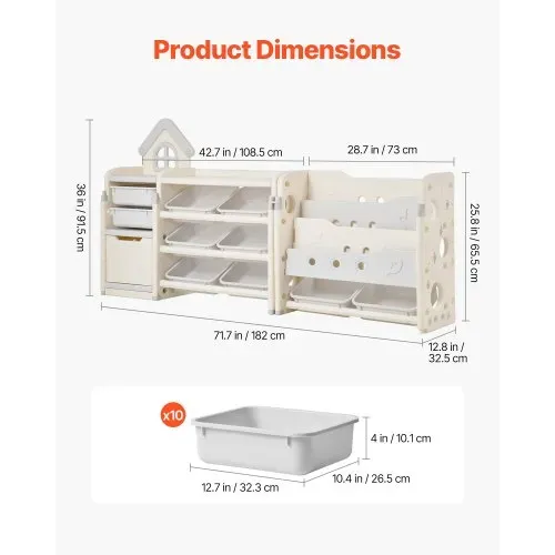 VEVOR Spielzeugaufbewahrung Bücherregal Spielzeugregal HDPE, 4-stöckige multifunktionale Ablage mit 10 flexiblen Kunststoffbehältern, für Schlafzimmer Klassenzimmer Kinderzimmer (Grau + Beige) – Bild 2