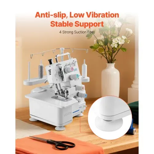 VEVOR Overlock-Nähmaschine 1250 Stiche pro Minute, 3- und 4-Faden-fähig, mit LED-Licht & starken Saugfüßen, robuste Nähmaschine mit Metallrahmen für verschiedene Stoffe, Weiß – Bild 6