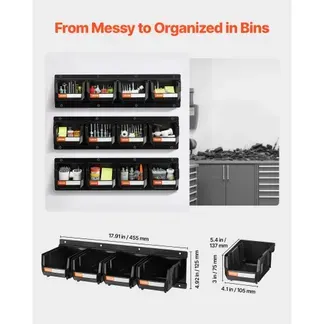 VEVOR Stapelboxen Wandmontage, 137x105x75mm (12er-Pack) & 3 Metallschienen, Sichtlagerboxen für Schrauben, Muttern, Bolzen, Nägel, Werkzeug-Organizer für Werkstatt, Bastelraum, Garage, Schwarz VEVOR Stapelboxen Wandmontage, 137x105x75mm (12er-Pack) & 3 Metallschienen, Sichtlagerboxen für Schrauben, Muttern, Bolzen, Nägel, Werkzeug-Organizer für Werkstatt, Bastelraum, Garage, Schwarz