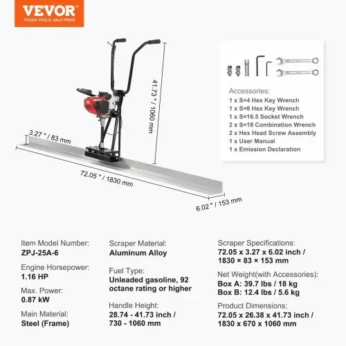VEVOR Gasbeton-Estrichmaschine mit 1830 mm Aluminiumplatten-Geradekantenstangensatz 4-Takt-Vibrationsmotor für Zement-Finishing mit höhenverstellbaren Griffen hocheffiziente Betonwerkzeuge 6500 U/min – Bild 6