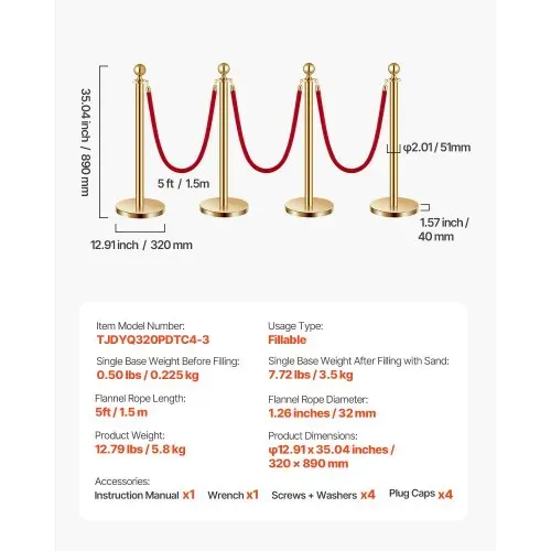 VEVOR Absperrpfosten Absperrung (4 Stk.) zur Steuerung von Menschenmengen mit 3 roten Samtseilen (1,5 m lang), Absperrständer aus Edelstahl mit nachfüllbarem Sockel für Ausstellungen Golden – Bild 6