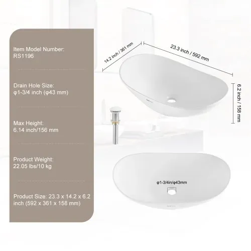 VEVOR Ovales Aufsatzwaschbecken Waschbecken, 592 x 361 x 158 mm, Badezimmer-Aufsatzwaschbecken über der Theke, Keramikwaschbecken moderner Stil, für Toiletten, Hotels, Restaurants, helles Weiß – Bild 6