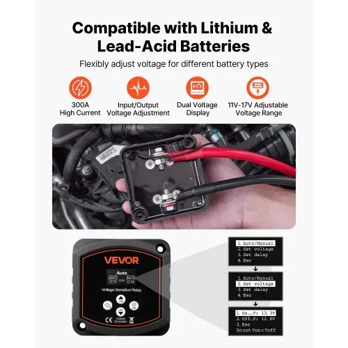 VEVOR Trennrelais, 12 V, 300 A, Doppelbatterie Isolator mit LCD-Bildschirm, intelligenter Batterietrennschalter für Lithium- & Blei-Säure-Batterien, für Auto, LKW, Wohnmobil, UTV, ATV, Boot VEVOR Trennrelais, 12 V, 300 A, Doppelbatterie Isolator mit LCD-Bildschirm, intelligenter Batterietrennschalter für Lithium- & Blei-Säure-Batterien, für Auto, LKW, Wohnmobil, UTV, ATV, Boot