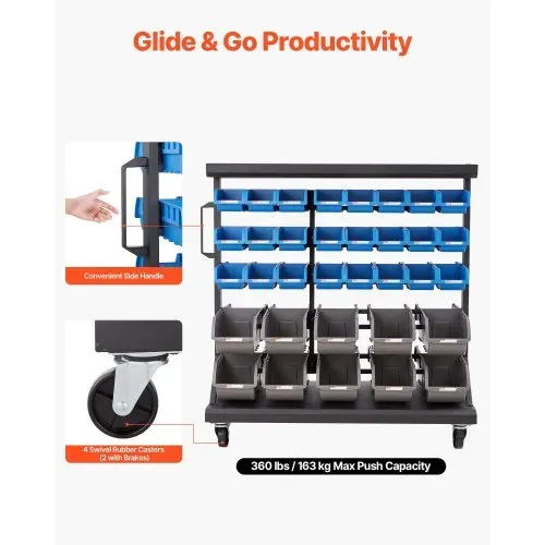 VEVOR Fahrregal mit Stapelboxen Set, Mobiles Lagerregal mit 5 Ebenen & 68 Sortimentskästen für Kleinteile in zwei Größen, 900x500x950 mm, doppelseitig, für Werkstatt, Garage, Lager & Büro – Bild 2
