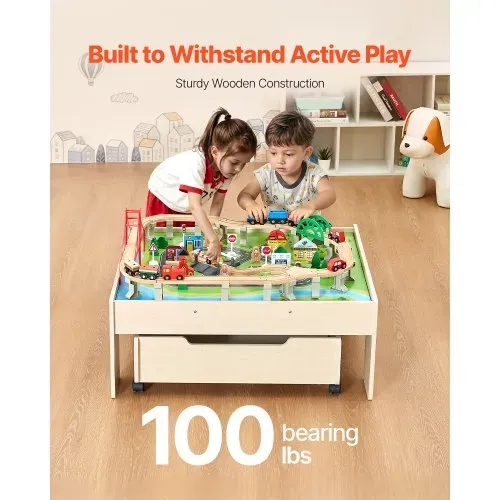 VEVOR Holz Aktivitätstisch, 100-teilig, Eisenbahntisch mit rollender Schublade, 3-in-1-Holzeisenbahn-Set zum Spielen, Malen, Lesen, Essen, kreatives Spielzeug-Set für Kinder ab 3 Jahren – Bild 3