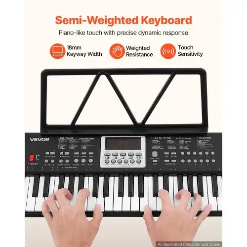 VEVOR Digitalpiano 61 Tasten Halbgewichtet E-Piano Elektronisches Keyboard für Anfänger und Musikliebhaber, 100 Klänge und Rhythmen, mit HiFi-Stereolautsprecher, Notenablage, USB-/MIDI-Anschluss – Bild 2