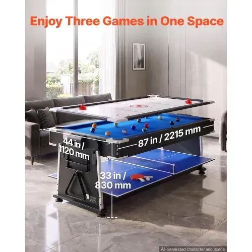 VEVOR Spieltisch Kombi 3 in 1 Airhockeytisch Billardtisch Tischtennistisch für Familienabende, Partys und Unterhaltung, Schneller Wechsel per Flip-Design, Luftstromsystem und Komplettes Zubehörset – Bild 3
