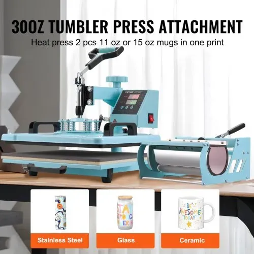 VEVOR Hitzepresse, 12 x 15 Zoll, 5-in-1-Wärmeübertragungsmaschine mit 30-oz-Tumbler-Presse, 360° wegschwenkbares T-Shirt-Pressen, digitale präzise Steuerung, für T-Shirts/Tassen/Hüte/Teller, grün – Bild 2