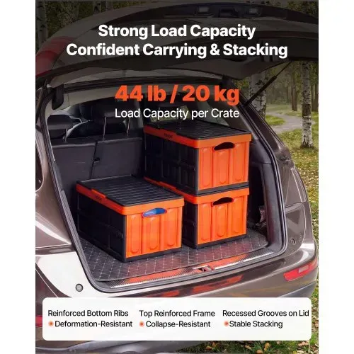 VEVOR Klappbox 45 L 3er-Pack, Faltbare Aufbewahrungsboxen aus Kunststoff, Stapelbare Klappkörbe mit Deckel, Tragkraft 20 kg pro Box, Klappkiste, Ideal für Haushaltsorganisation, Orange & Schwarz – Bild 2