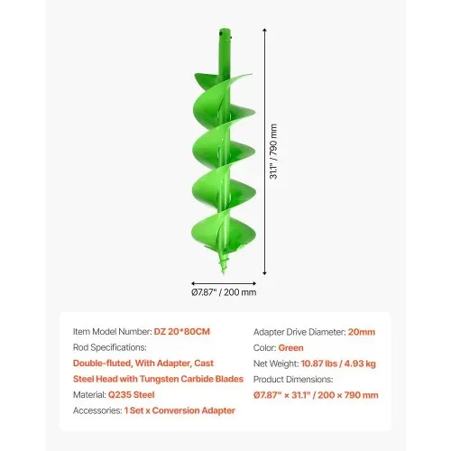 VEVOR Erdbohrer für Bohrmaschine, Ø 20x79 cm Gartenbohrer, kompatibel mit 20-mm-Innendurchmesser-Antriebsbohrern, Pfahlbohrer, Erdlochbohrer, Pfostenlochbohraufsätze für Gartenbaggerzäune – Bild 6