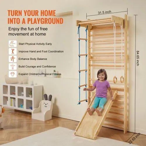 VEVOR Schwedische Leiterwand 15-stufiges Kletterspielzeug aus Holz für Indoor-Spielplätze, 100 kg Tragkraft, Schwedische Wandleiter für Kinder & Erwachsene, Sprossenwand Turnwand aus Kiefernholz – Bild 2