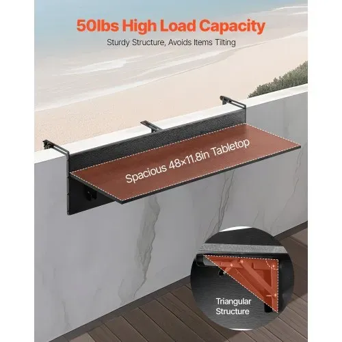 VEVOR Balkontisch, 1220x300mm, klappbarer Balkonhängetisch, Klapptisch für den Außenbereich, 22 kg Tragkraft, passend für Geländer von 2,54 bis 10,92 cm, Serviertisch für Terrasse und Deck – Bild 2