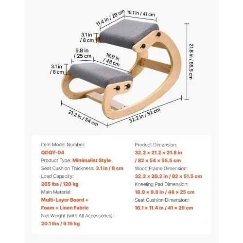 VEVOR Ergonomischer Kniehocker mit Dicken, Integrierten Schaumstoffpolstern & Massivholzrahmen, Höhenverstellbarer Kniestuhl zur Entlastung von Nacken und Rücken, Ideal für Zuhause, Büro, Grau – Bild 6