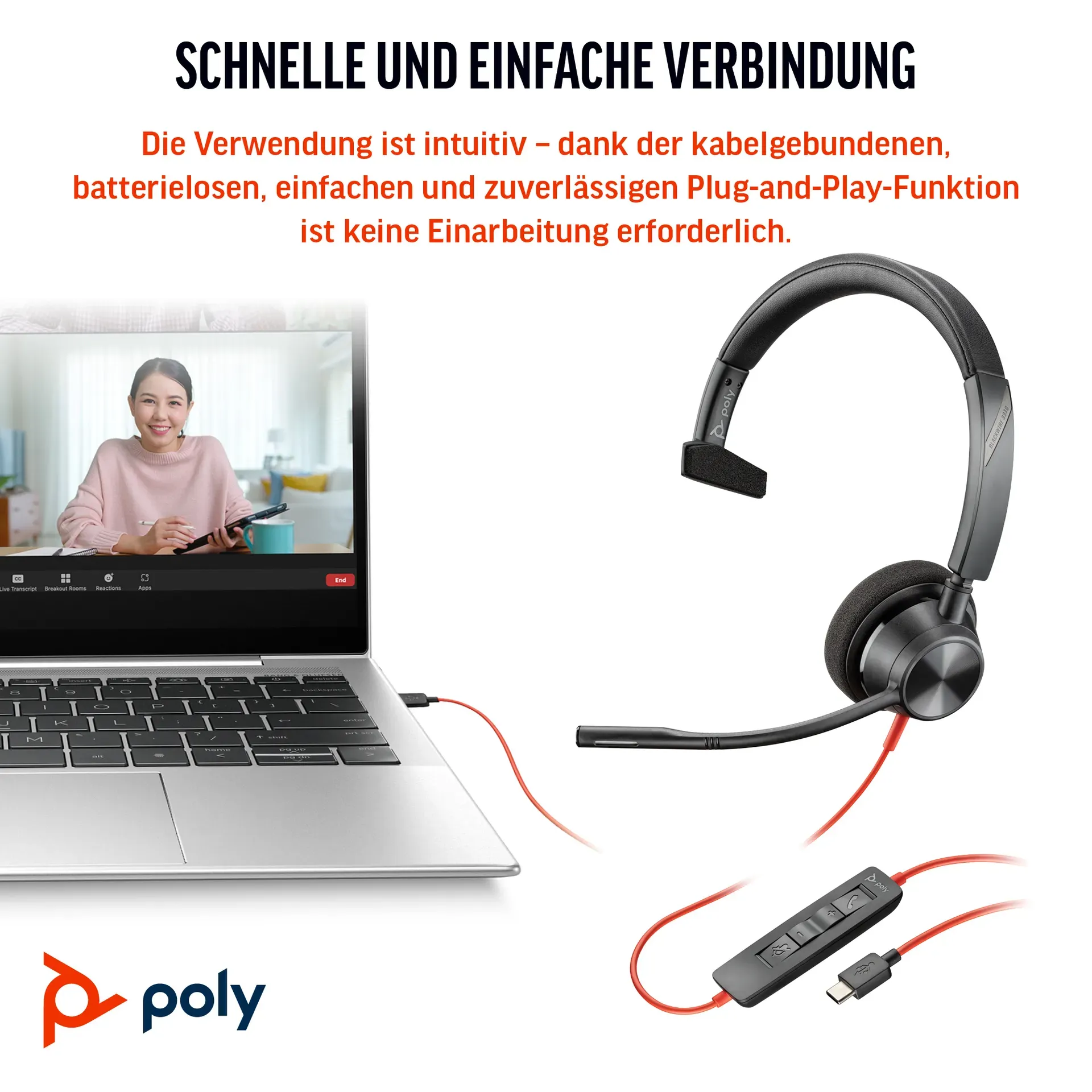 HP Poly Blackwire 3310 Monaurales USB-C-Headset + USB-C/A-Adapter – Bild 6