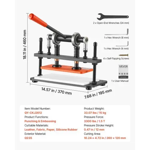 VEVOR Leder Stanzmaschine 260x120 mm Lederschneidemaschine Lochmaschine, Handpresse zum Prägen & Stanzen von Leder Stoff Papier Silikon 1,5 t Druck 12 mm Hub Stahlkonstruktion Zwei Führungswellen – Bild 6