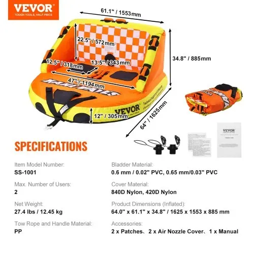 VEVOR Schleppschlauch zum Bootfahren, Aufblasbarer Schleppschlauch für 1–2 Fahrer mit Decksitzen und Rückenlehne, 340 Pfund Wassersportschlauch zum Ziehen, Vollnylon-Überzug, EVA-Haltegriffe – Bild 6