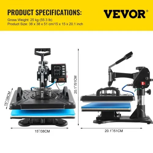 VEVOR 10 in 1 Hitzepresse 38 x 30 cm Transferpresse Schwarz Heißpresse Textilpresse Multifunktionale Sublimations-T-Shirtpresse Becherpresse – Bild 6