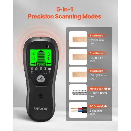 VEVOR Balkenfinder, Wandscanner, 5-in-1, elektronischer Multidetektor mit intelligentem Sensor, hochauflösendem LCD-Display & Audioalarm, für Metall, Wechselstromkabeln, Balken, Rohren, Schwarz VEVOR Balkenfinder, Wandscanner, 5-in-1, elektronischer Multidetektor mit intelligentem Sensor, hochauflösendem LCD-Display & Audioalarm, für Metall, Wechselstromkabeln, Balken, Rohren, Schwarz
