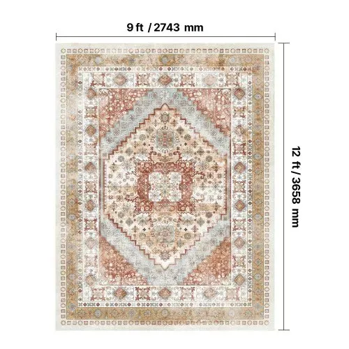 VEVOR Flächenteppich, 2743 x 3658 mm Kurzflor, waschbarer Teppich, rutschfester Wohnzimmerteppich, Vintage-Stil, Innenmatte für Schlafzimmer, Wohnzimmer, Kinderzimmer, Büro, Braunrot – Bild 2
