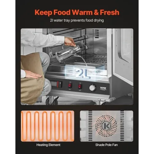 VEVOR Hot Box Speisenwärmer Imbisswärmer mit 16 Ebenen & Wasserschale & Glas-Einzeltür & verstellbaren Ablagen, Speisewärmerschrank aus Edelstahl, ideal zur Aufbewahrung von Pizza Hühnchen – Bild 2
