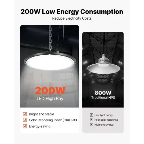 VEVOR 10er-Pack LED-Hallenstrahler, 5000 K, 200 W, 30000 lm, UFO-LED-Hallenbeleuchtung, IP65 wasserdicht, 100–277 V Weitspannung für Lager, Werkstatt, Fabrik, Fitnessstudio, Garage, Scheune – Bild 2