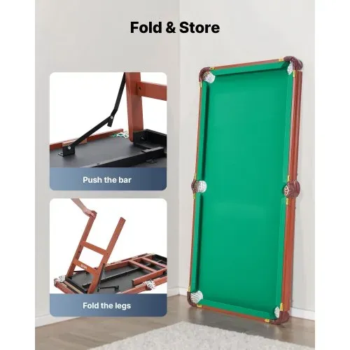 VEVOR klappbarer Billardtisch 140 cm tragbare Billardtische, faltbares, platzsparendes Unterhaltungsspielset, inklusive Ball/Queue/Rack/Kreide/Bürste, Braun mit grünem Tuch, für Freizeiträume – Bild 2