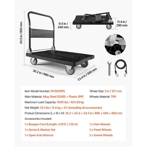 VEVOR Plattformwagen Klappbar 454 kg, Transportwagen mit Lenkrolle, Handwagen mit Rutschfester Ladefläche, Klappwagen Transporthilfe für Einfache Aufbewahrung, 895x595x850 mm Rollwagen – Bild 6