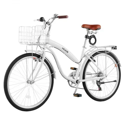 VEVOR Damenfahrrad 26 Zoll Cruiser-Fahrrad 150 kg 7-Gang Citybike Weiß, für Pendelfahrten Besorgungen und Strandfahrten, mit Doppelten V-Bremsen, 50 kg Gepäckträger, Schutzblechen und Werkzeugsatz – Bild 8
