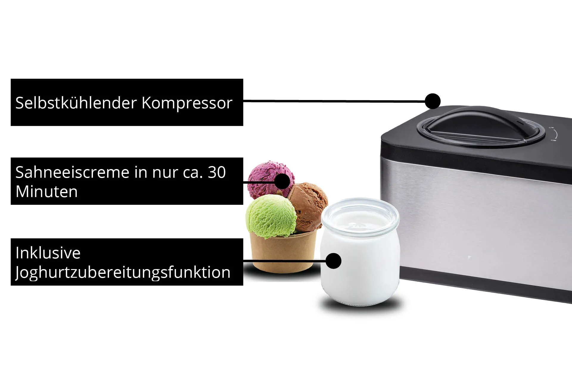 Unold 48826 Eismaschine & Joghurtbereiter EVA Kompressor Eismaschine 1,5 l 120 W Schwarz, Edelstahl – Bild 4
